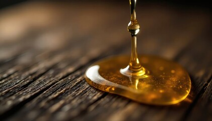 Dark gold oil droplets falling onto a wooden surface, wood grain, natural texture, liquid droplets