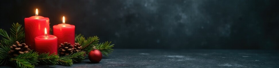 Dark grey background with four candles and fir, fir branches,