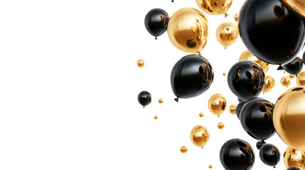 Black and gold balloons floating on transparent background