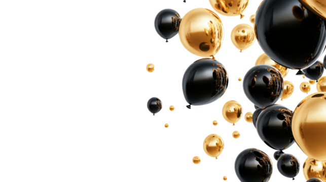 Black and gold balloons floating on transparent background