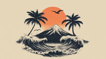 Obraz premium Tropical sunset, volcano, ocean waves, palm trees, graphic design, print