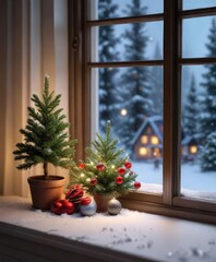 Snow-covered windowsill with a small Christmas tree and festive decorations, weihnachtsbaum, snowflakes, holiday decor