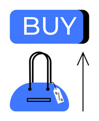Blue BUY button, shopping bag with price tag, and upward arrow. Ideal for e-commerce, retail marketing, online shopping, sales growth, consumer behavior, digital marketplaces and economic trends
