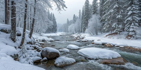 Snowy forest with frozen stream and ice-covered rocks, serene, peaceful, reflection, snowy woods