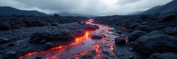 Naklejka premium Galapagos lava flow with volcanic rocks and ash, earthy tones, geological formation, natural wonder