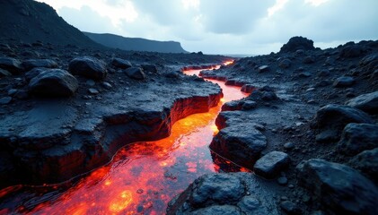 Fototapeta premium Galapagos lava flow with volcanic rocks and ash, earthy tones, galapagos