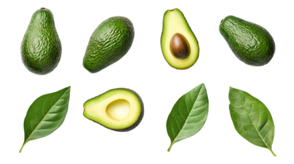 set of avocado top view isolated on transparent white background, clipping path