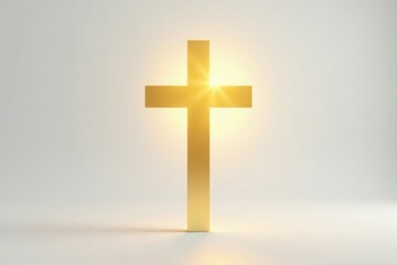 Fototapeta premium Gentle morning light shines on a golden cross isolated on white background, symbolizing serenity and balance, calm, minimalist