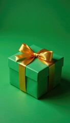 Gift box on green surface with golden ribbon unwrapping, decorative box, luxury item