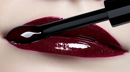 Obraz premium Close up of lips with dark burgundy lip gloss applicator