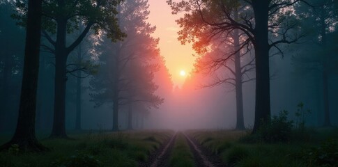 Misty forest scene at dusk with soft focus background, atmosphere, soft focus, dusk