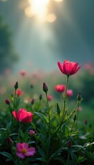 Fototapeta premium Misty morning dew glistening on corostavnika flowers, landscape, corostavnika, mist