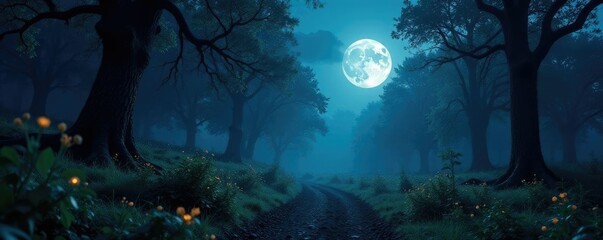 Obraz premium Moonlit forest with eerie, glowing vegetation, strange, unnatural, night
