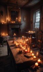 Spooky abandoned room filled with candles and old furniture, spooky atmosphere, dark background, cobweb-covered corners
