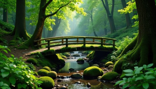 Moss covered wooden bridge spanning serene brook, fairy tale forest, forest floor, nature