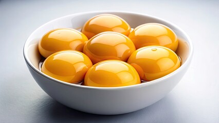 Stunning Macro Egg Yolk Photography: Close-Up of Golden Yolks in Bowl on White Background for Culinary Art and Food Photography