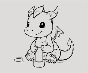 Cute cartoon dragon with a bottle of milk.