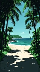 Secluded Tropical Beach Viewed Through Lush Palm Trees