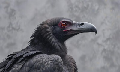 Naklejka premium Profile of black vulture against a greyish fog backdrop, facial features, bird's eye view