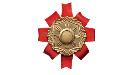 Golden award medal with red ribbon on transparent background