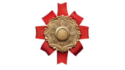 Golden award medal with red ribbon on transparent background