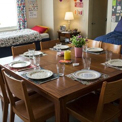A large wooden dining table in a college dormitory with plates and glasses set.
