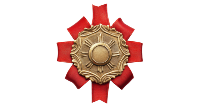 Golden award medal with red ribbon on transparent background
