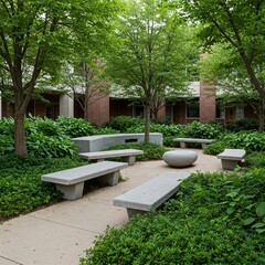 A quiet meditation space on campus with stone benches and lush greenery.
