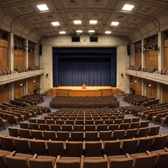 A university auditorium with an empty stage and rows of neatly arranged seats.
