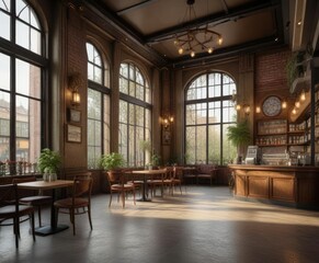 Richly decorated coffee shop interior with high ceilings and large windows, large window, coffee shop, high ceiling