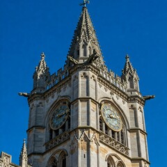 Naklejka premium A majestic university clock tower standing tall against a clear blue sky. 