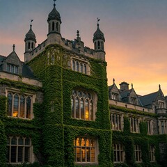 Fototapeta premium A grand ivy-covered university building with gothic architecture, glowing in the evening light. 