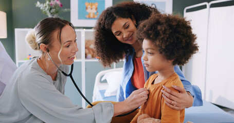 Kid, mother and doctor with stethoscope for healthcare exam, heart check up and cardiology in clinic. Pediatrician, parent and woman with child for lung test, breathing or medical assessment on chest