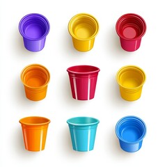 Nine colorful plastic cups, top view, isolated on white background.