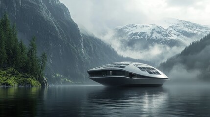 Futuristic Vessel in a Misty Fjord Landscape