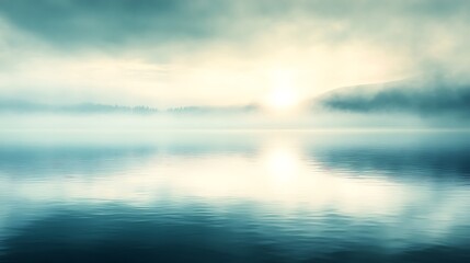 Serene Sunrise Over Misty Lake and Mountains
