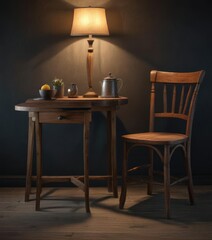 Rustic wooden chair and table set with lamp on dark background, rustic, wallpaper, mockup