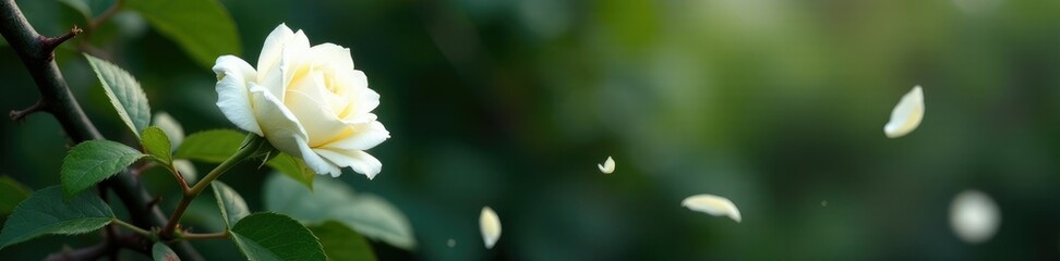 Fototapeta premium A single white rose petals fall from a thorny bush, petal, flower, wild rose