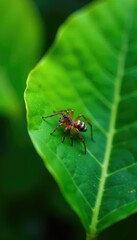 Naklejka premium a spider crawling on the underside of a large green leaf, plants,