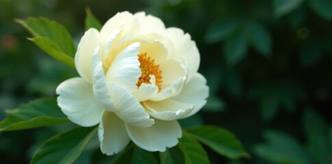 A stunning white peony flower with intricate details, botanical, foliage, flora