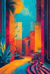 Vibrant Cityscape With Tropical Plants And Abstract Sky