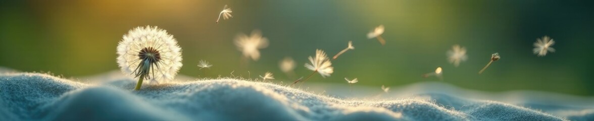 Dandelion seeds suspended in mid-air on fabric, motionless, soft focus, gentle