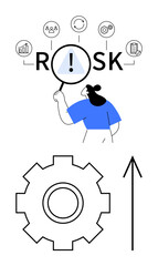 Businessperson examining risk with magnifying glass, surrounded by various icons. Gear icon below with upward arrow. Ideal for risk management, analysis, business strategy. Line metaphor
