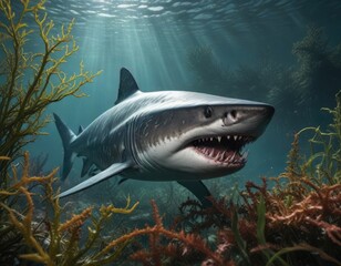 Naklejka premium Sevengill shark swims through tangled seaweed, brown seaweed, green sea fans