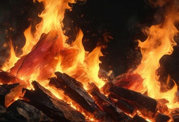 Shimmering golden embers of bright red flames on a darkened abstract fire background with a subtle glow, soothing, shimmering