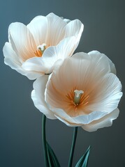 Two pale tulips, studio shot, dark background, floral greeting card