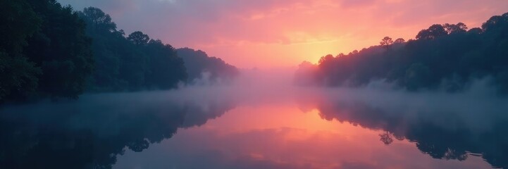 Dark waters of a river at dawn with mist rising from the surface, mist, fog, dawn