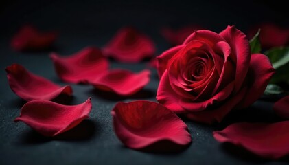 Naklejka premium Dark velvet rose petals scattered on a black background, romantic ambiance, dark valentine, evening shadows
