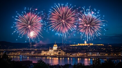 Fototapeta premium Fireworks Display Over Budapest Parliament Building