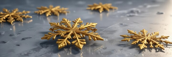 Six golden snowflakes rest upon an icy surface, each one unique and visually striking , snowflakes, delicate patterns, gold finish